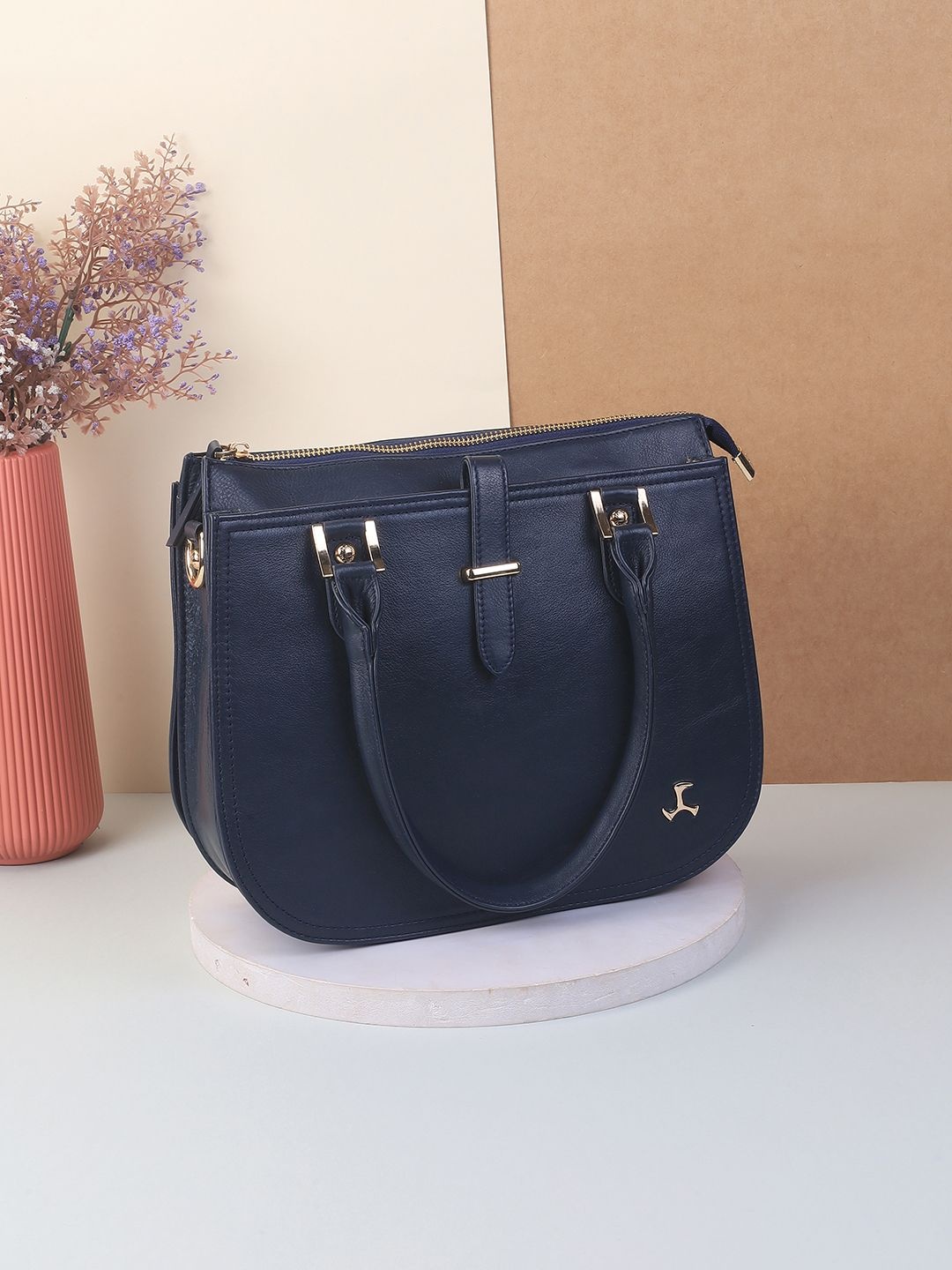 

Mochi Women Textured Structured Leather Satchel Bag, Blue