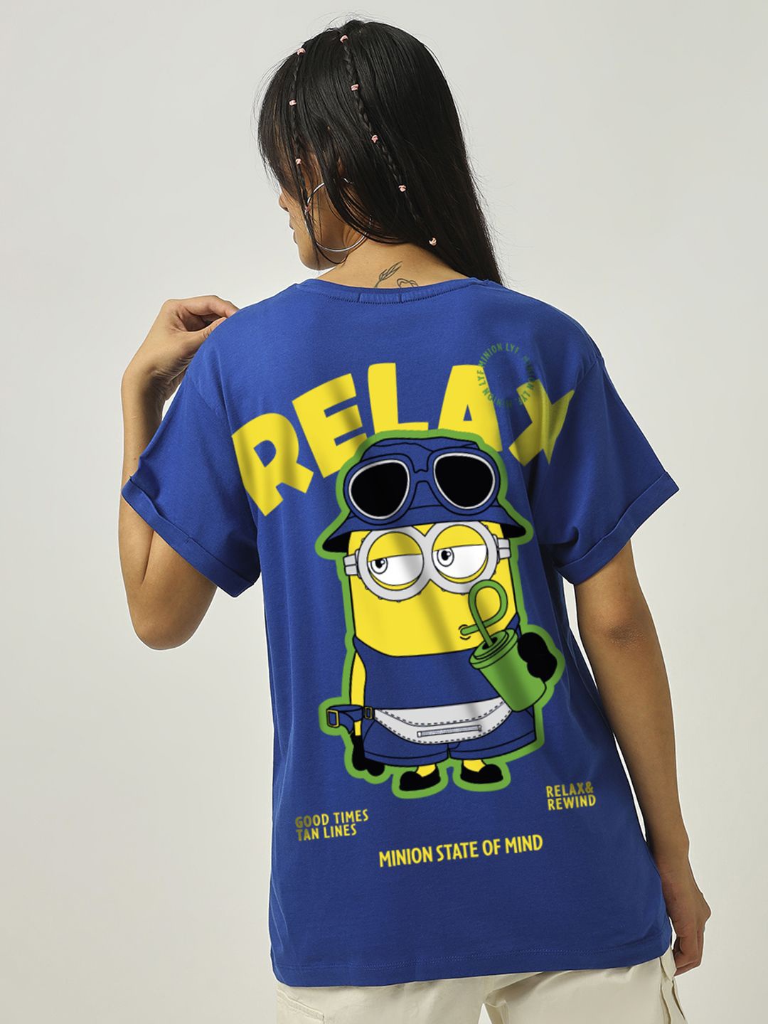 

Bewakoof Women Minions Graphic Printed Round Neck Pure Cotton Boyfriend T-shirt, Blue