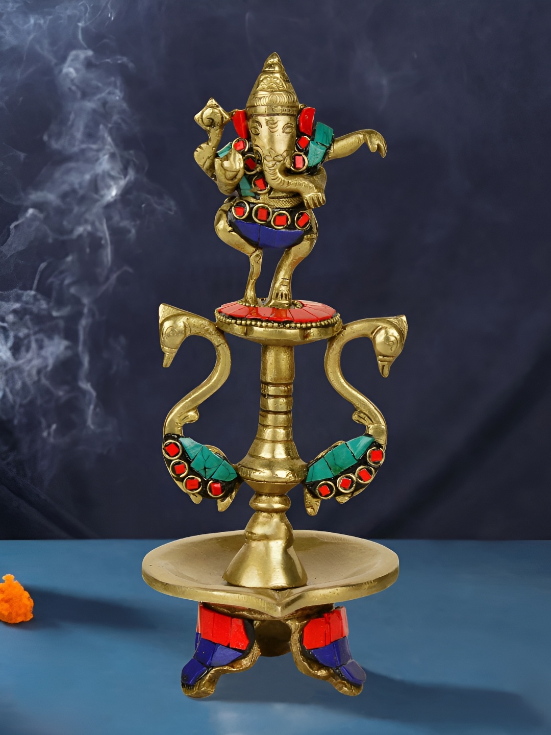 

StyleMyWay Gold-Toned & Red Ganesha Brass Gemstone Work Pooja Aarti Diya