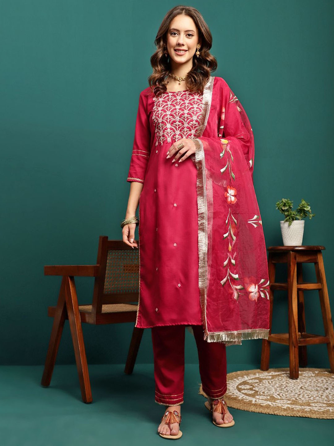 

Sangria Red Floral Embroidered Zari Straight Kurta With Trouser & Dupatta