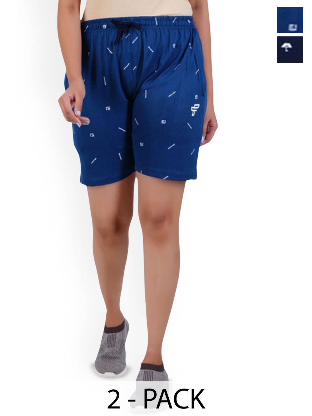 

FEEL TRACK Women Pack Of 2 Printed Cotton Shorts, Navy blue