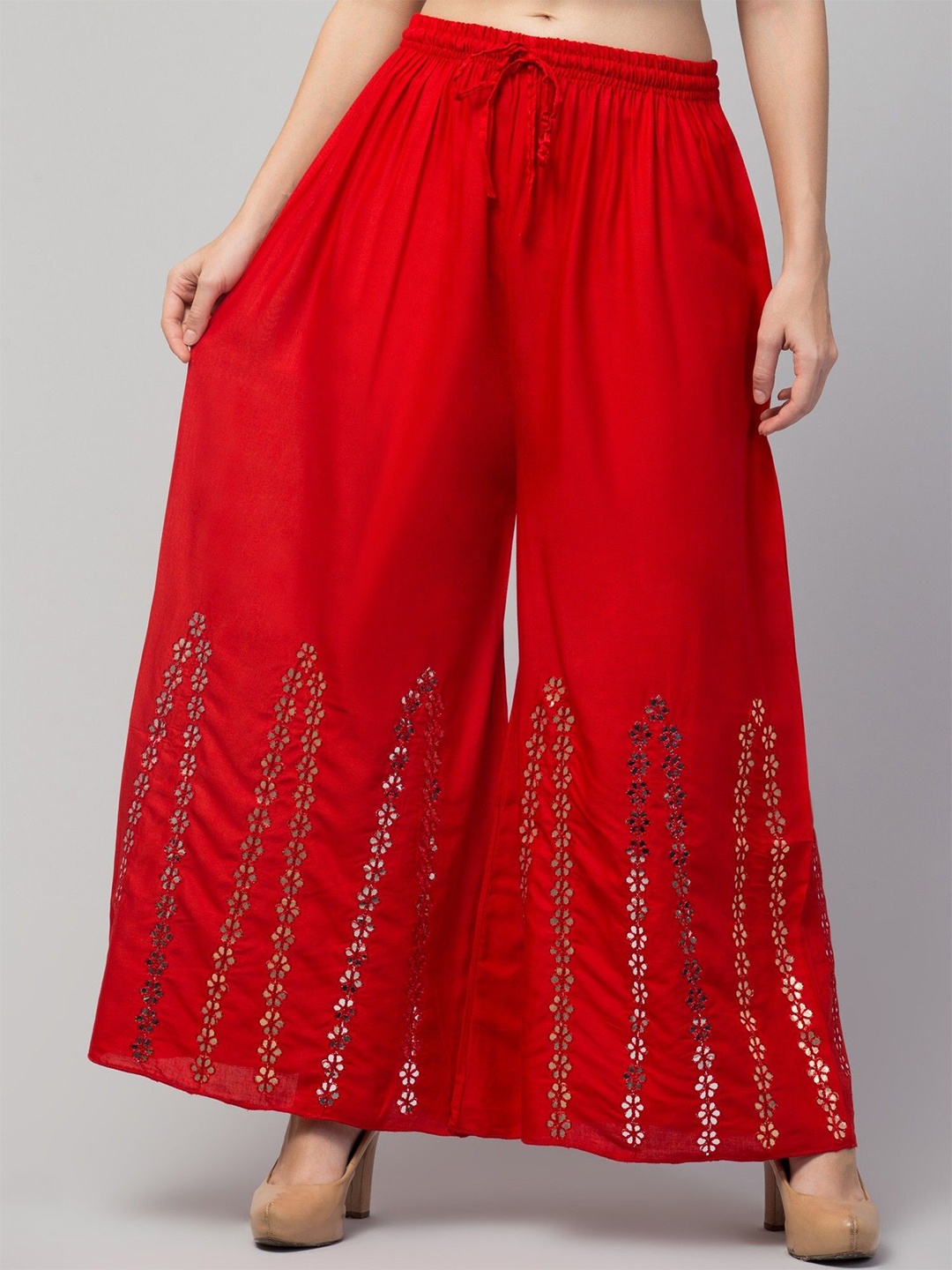 

FAMBEE Women Floral Embroidered Flared Knitted Palazzos, Red