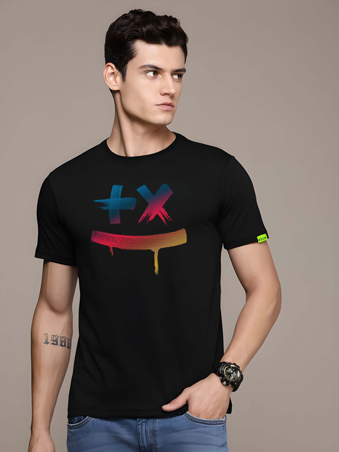 

BOWLIFESTYLE Men Graphic Printed Round Neck Cotton T-shirt, Black