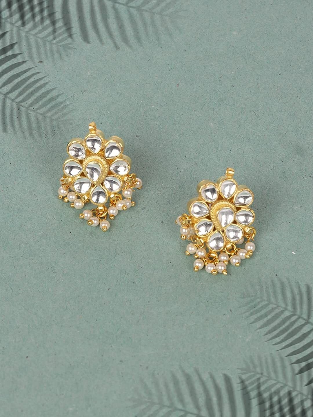 

House of Pataudi Gold-Plated Kundan Studded And Beaded Contemporary Shaped Drop Earrings