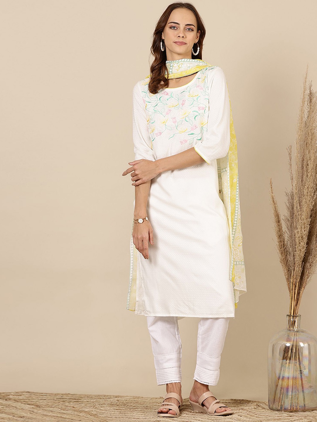 

AURELIA Floral Embroidered Round Neck Straight Kurta With Trouser And Dupatta, White