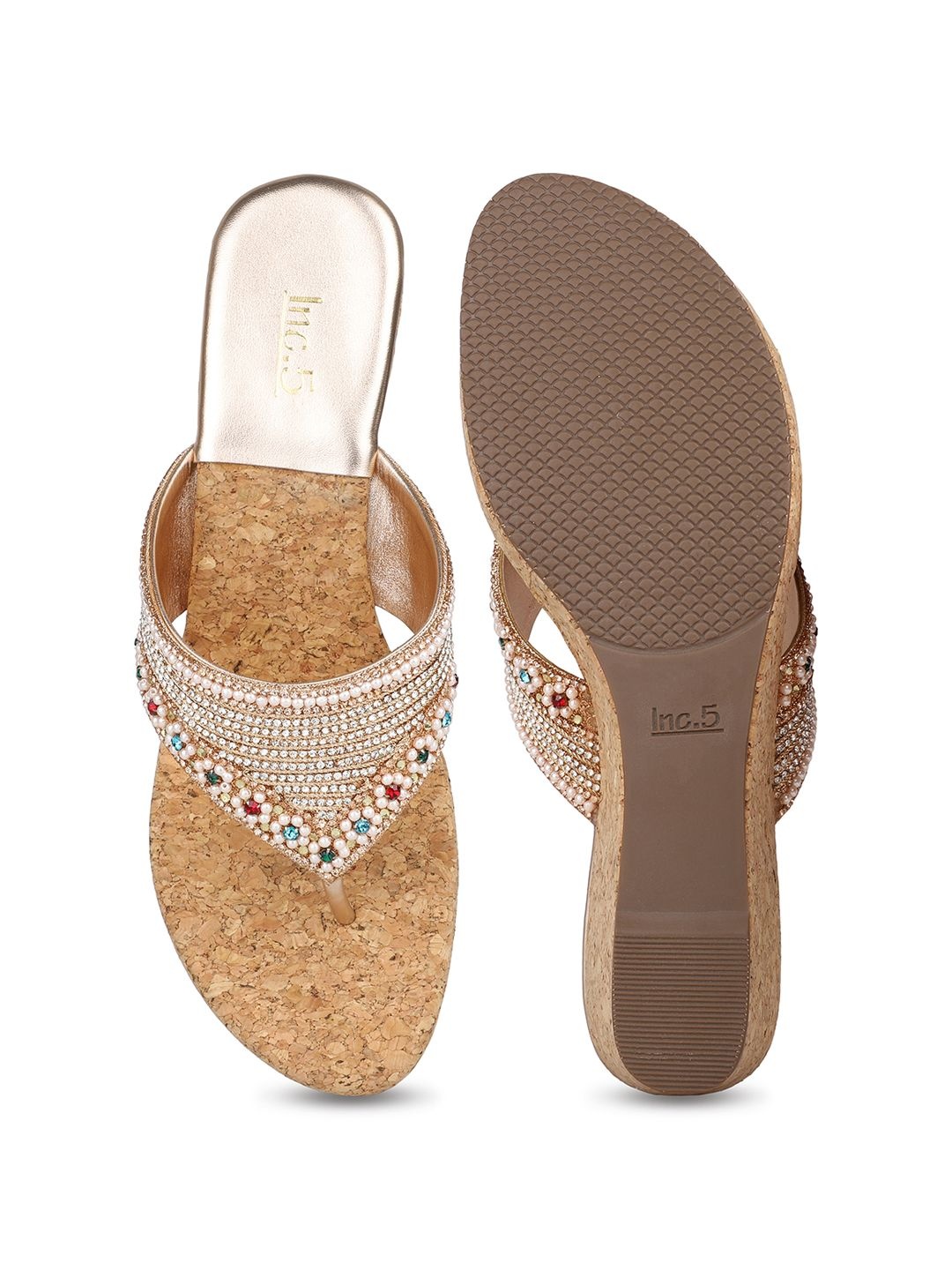 

Inc 5 Women Embellished Ethnic Wedge Heel Sandals, Rose gold