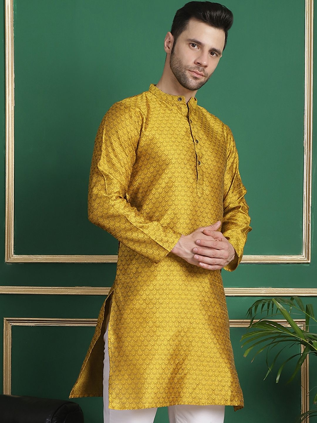 

Anouk Mustard Yellow Ethnic Motifs Woven Design Band Collar Jacquard Straight Kurta