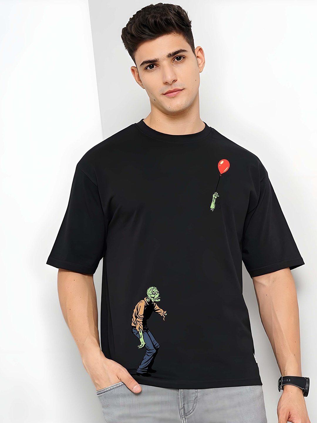 

Krimmple Men Graphic Printed Round Neck Cotton Relaxed Fit T-shirt, Black