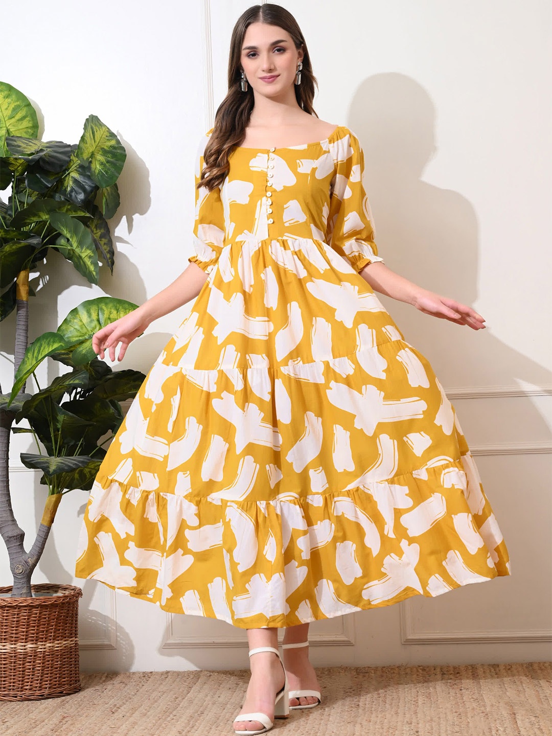 

DECKEDUP Print Off-Shoulder Ruffled Fit & Flare Maxi Dress, Yellow