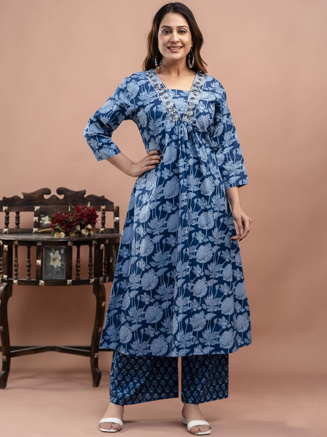 

POSHART FASHION AS UNIQUE AS YOU ARE Printed Pure Cotton Kurta With Palazzos & Dupatta, Blue