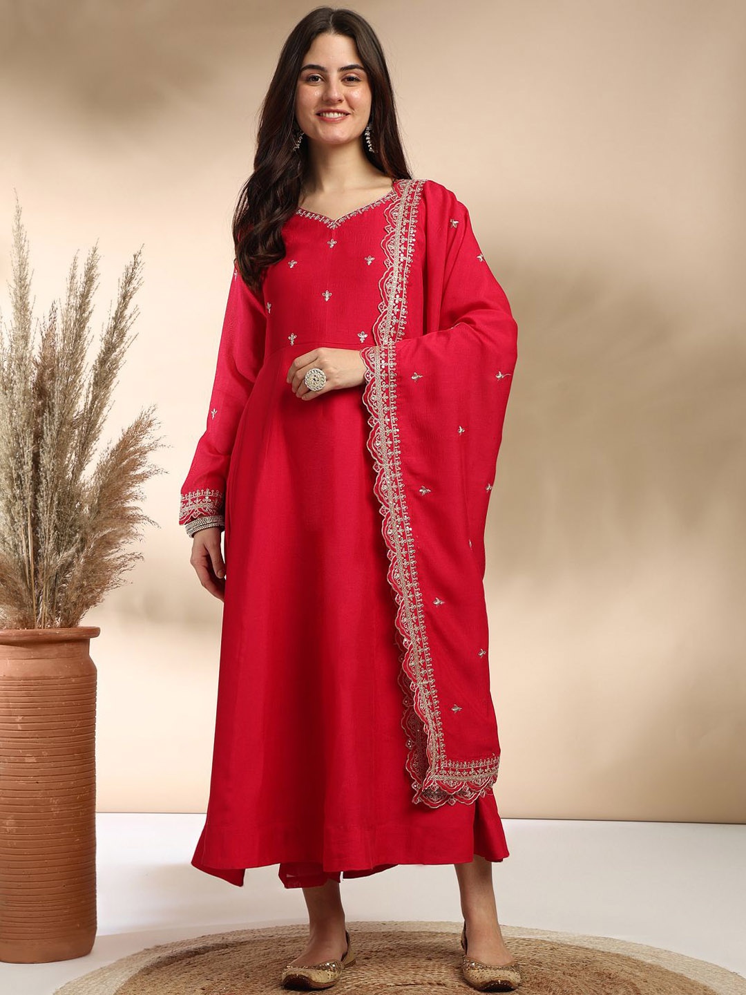 

MOKOSH Floral Embroidered Sequinned V-Neck Anarkali Kurta With Trousers And Dupatta, Red