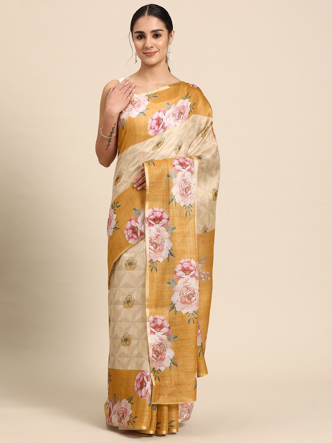 

DIVASTRI Cotton Tissue Silk Floral Digital Print Saree, Beige