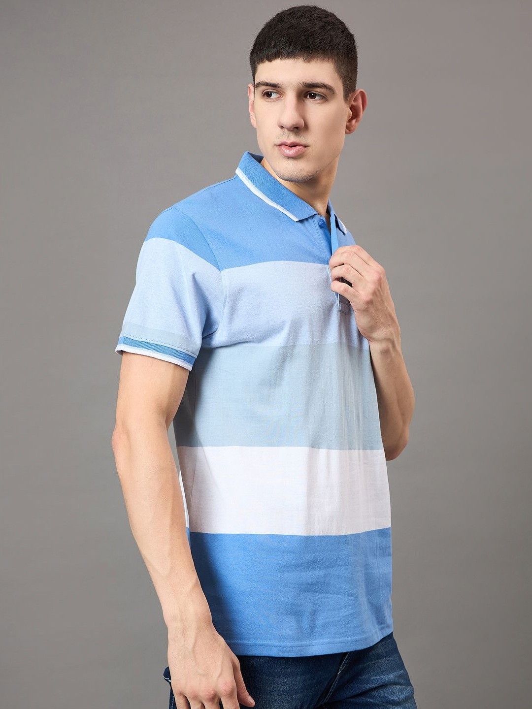 

BRONATION Men Striped Polo Collar Cotton T-shirt, Turquoise blue