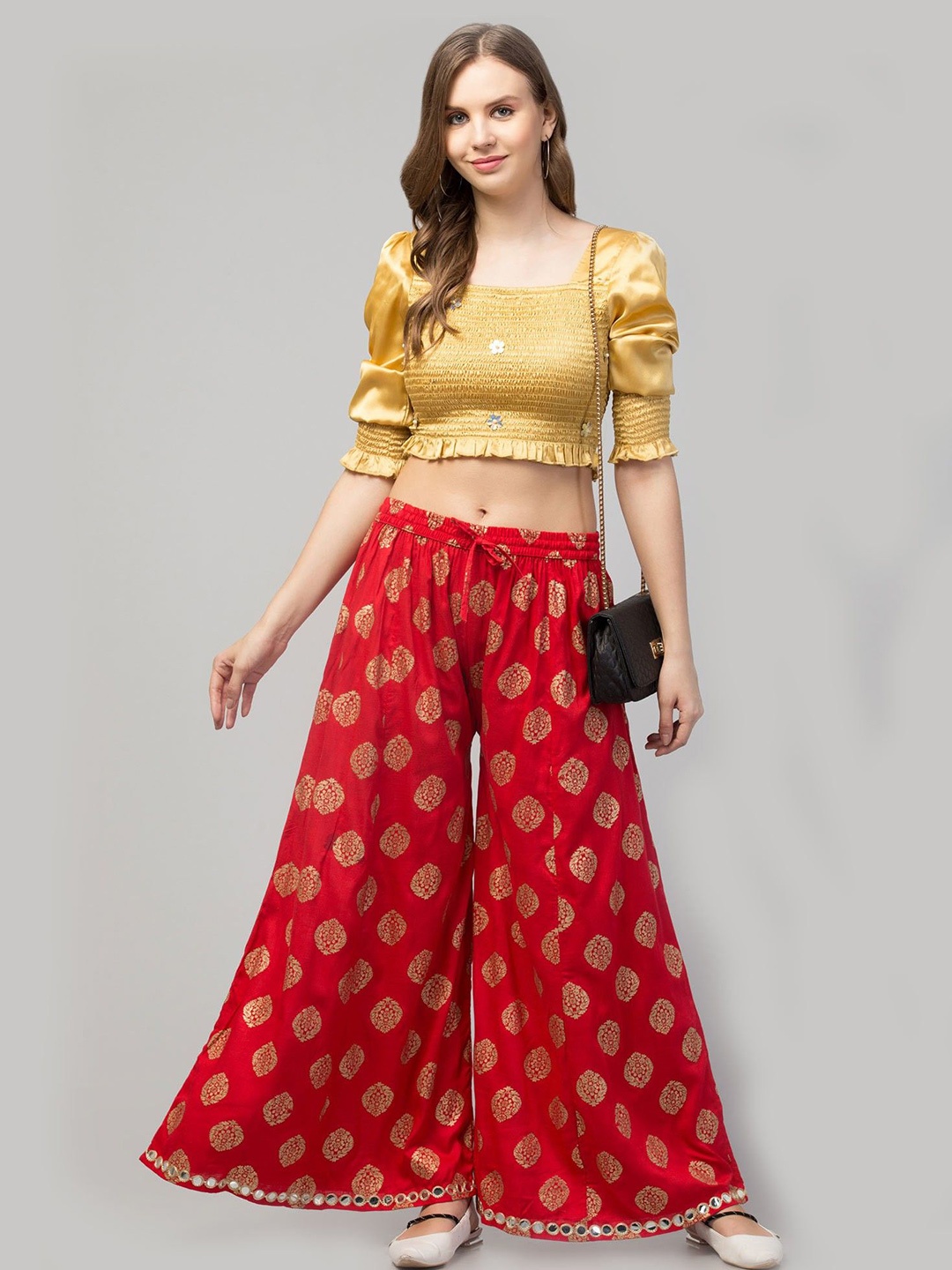 

FAMBEE Women Floral Printed Flared Knitted Palazzos, Red