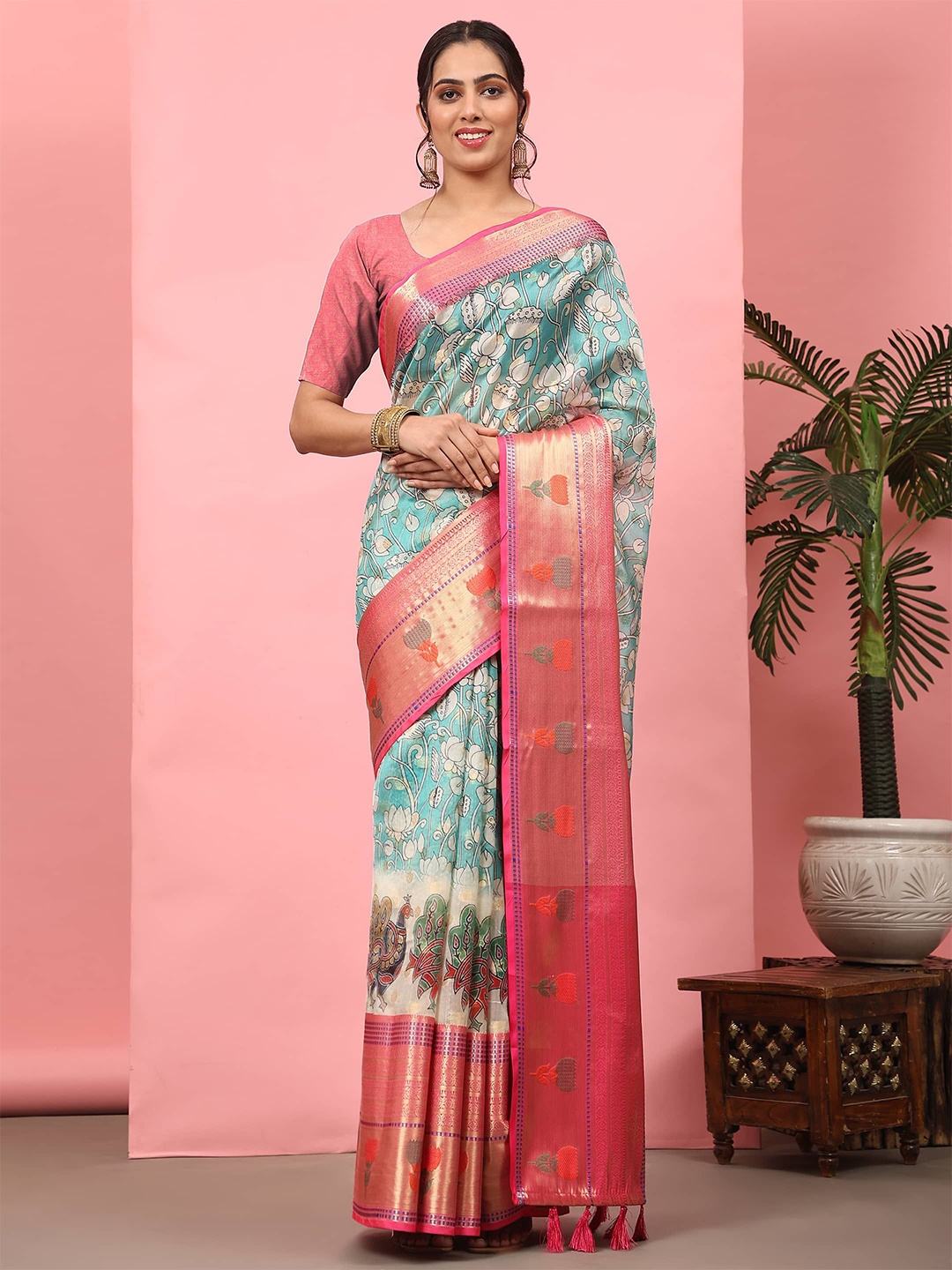 

DIVASTRI Woven Design Art Silk Digital Printed Kalamkari Banarasi Saree, Teal