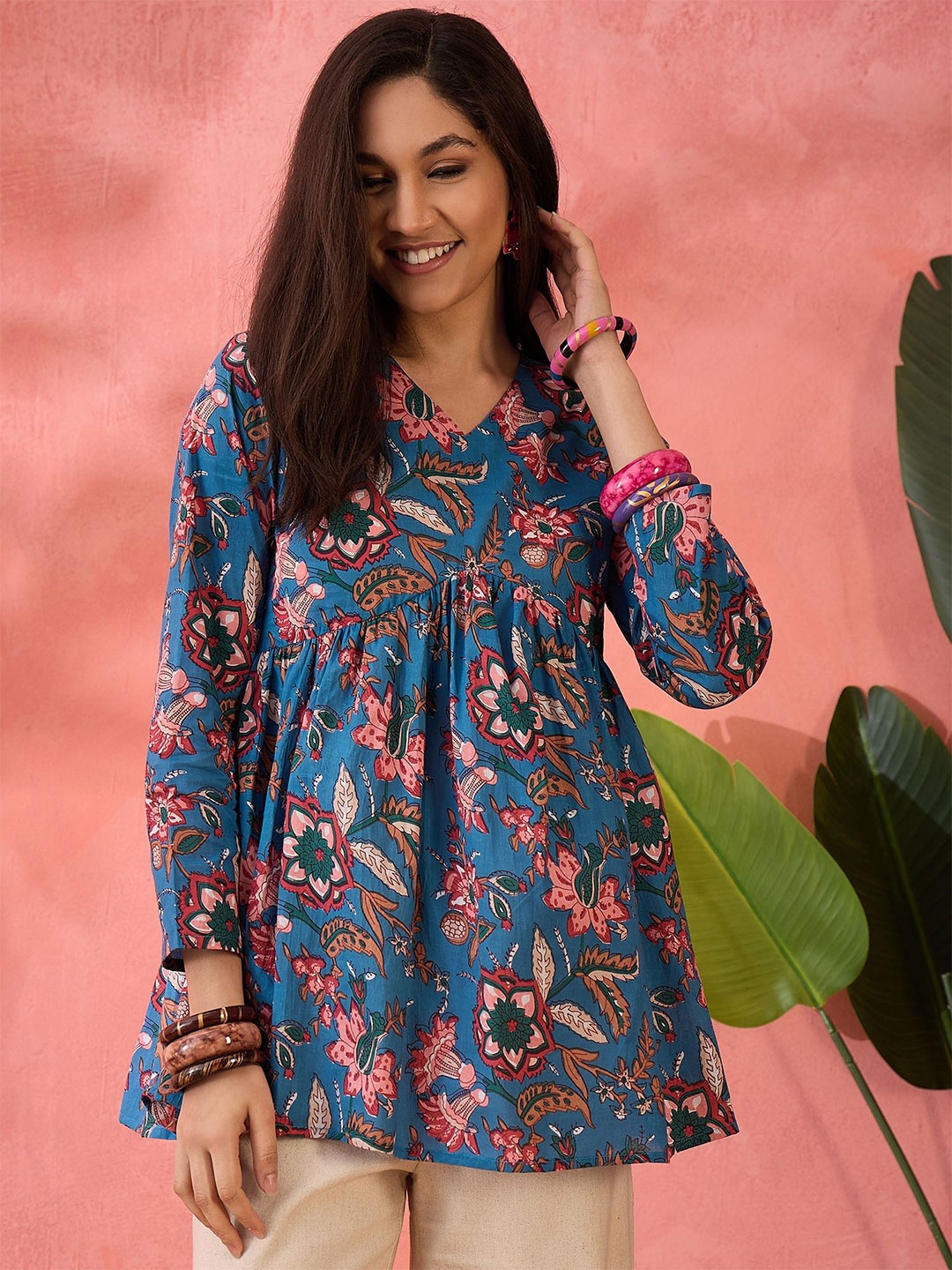

Sangria Women Floral Printed Pure Cotton Peplum Top, Blue