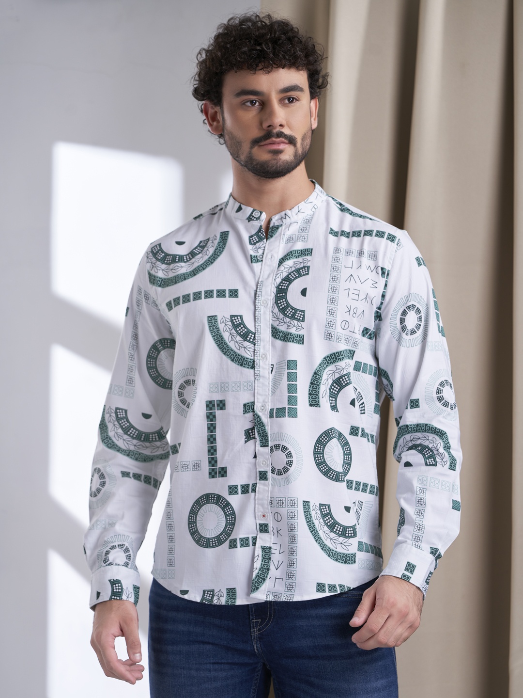 

VALEN CLUB Men Geometric Printed Band Collar Pure Cotton Casual Shirt, White