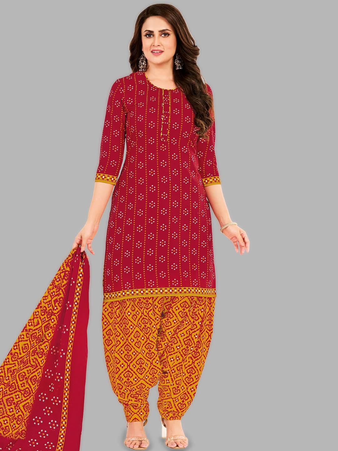 

shree jeenmata Bandhani Printed Pure Cotton Unstitched Dress Material, Red