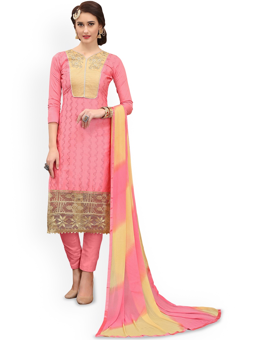 

HERE&NOW Floral Embroidered Unstitched Dress Material, Peach