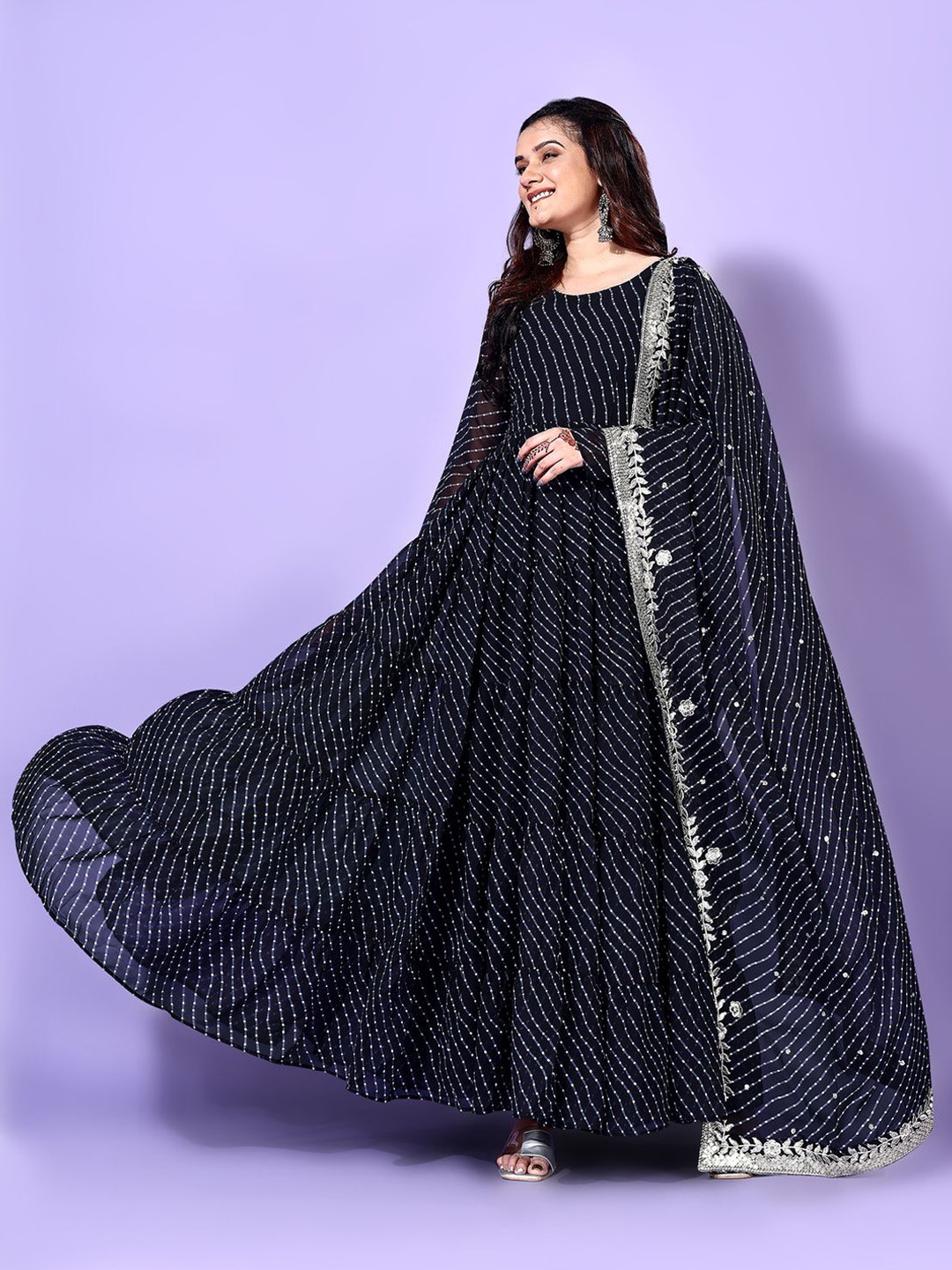 

KALINI Leheriya Printed Round Neck Tiered Georgette Anarkali Kurta With Pyjama & Dupatta, Black