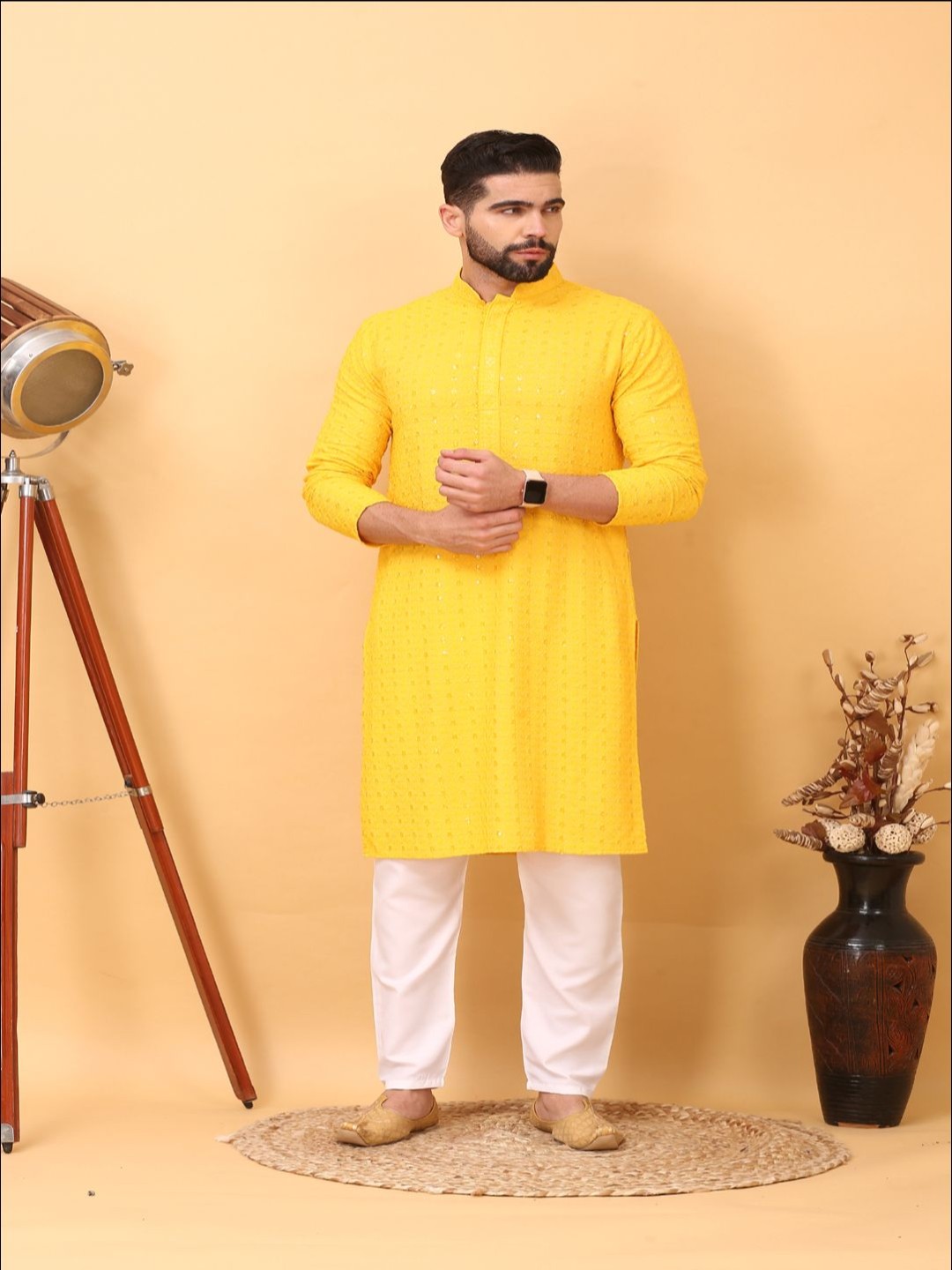 

Larwa Floral Embroidered Mandarin Collar Sequinned Straight Kurta With Trouser, Yellow