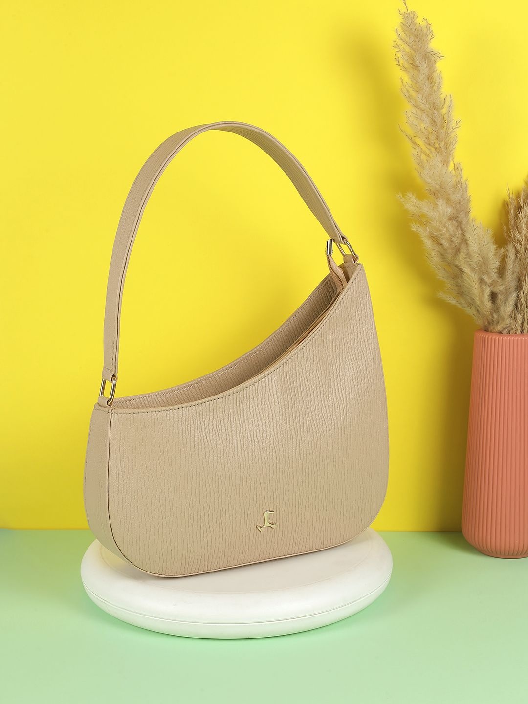 

Mochi Colourblocked Oversized Half Moon Hobo Bag with Tasselled, Beige