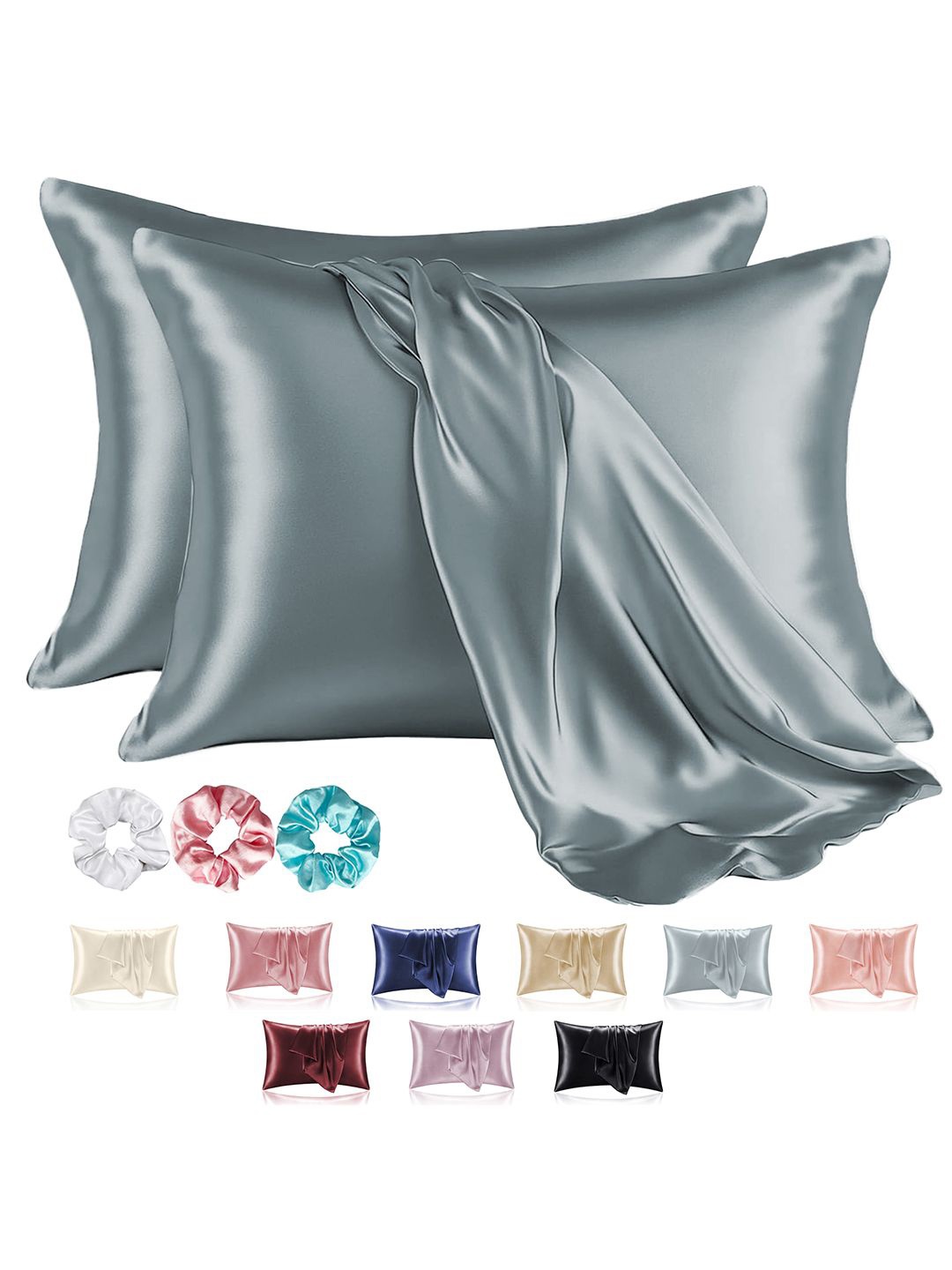 

Kuber Industries Grey 2 Pieces Satin Rectangle Pillow Covers with 3 Scrunchies