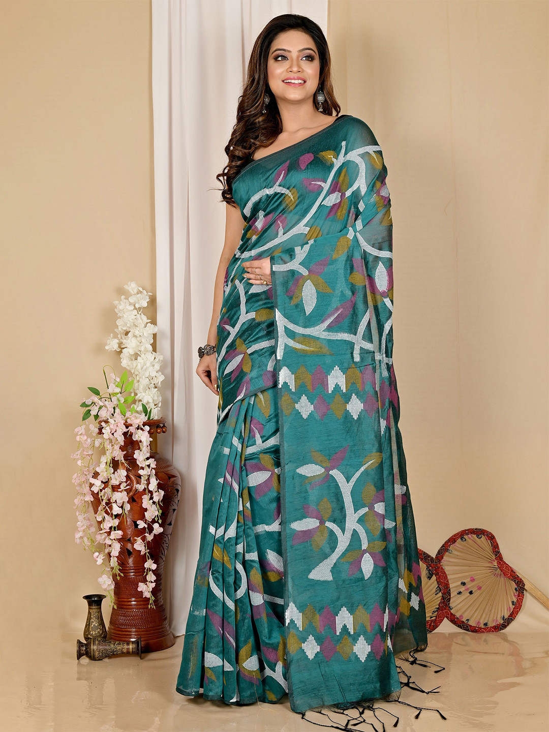 

PuJoy Printed Pure Cotton Handloom Taant Saree, Sea green