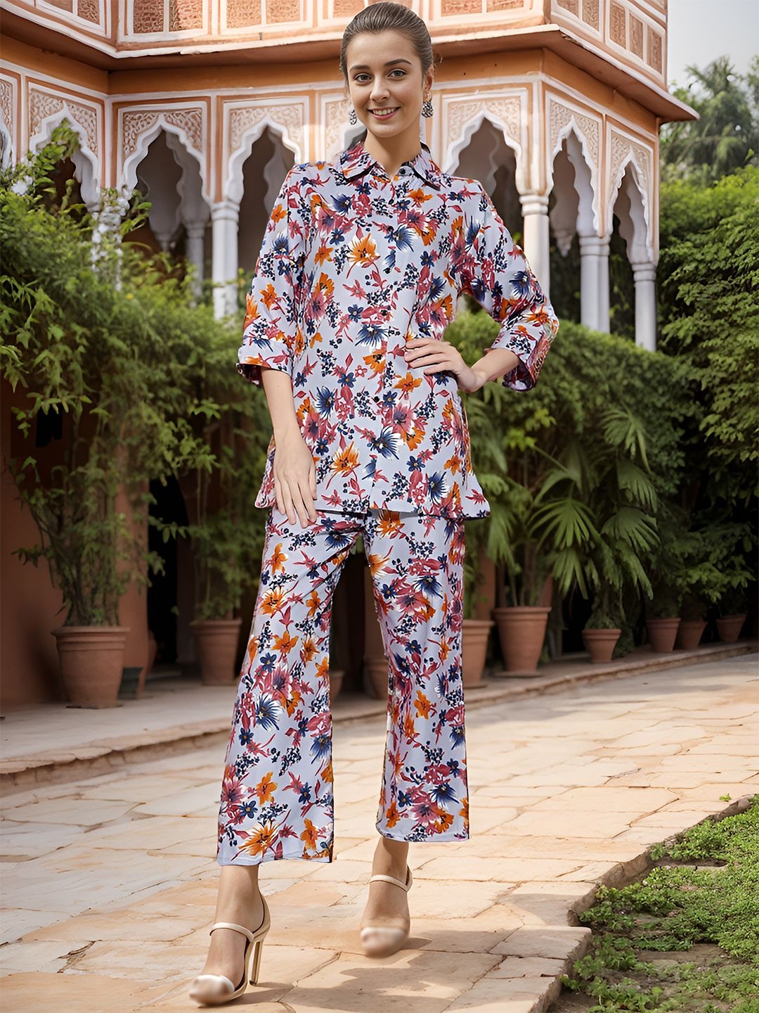 

DressBerry Floral Printed Shirt Collar Pure Cotton Tunic with Palazzos, Grey