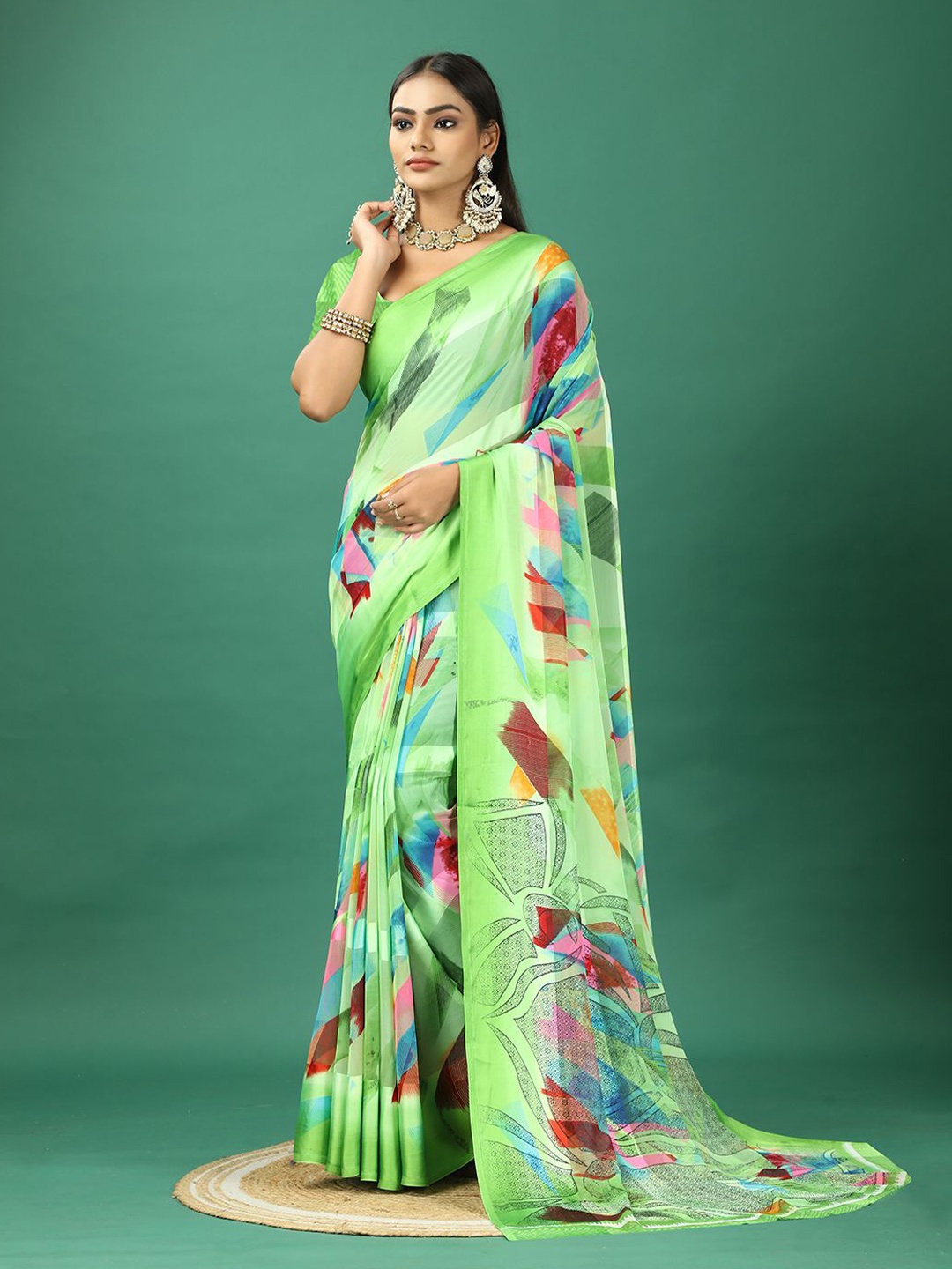 

NIRMAL CREATION Abstract Printed Satin Saree, Green