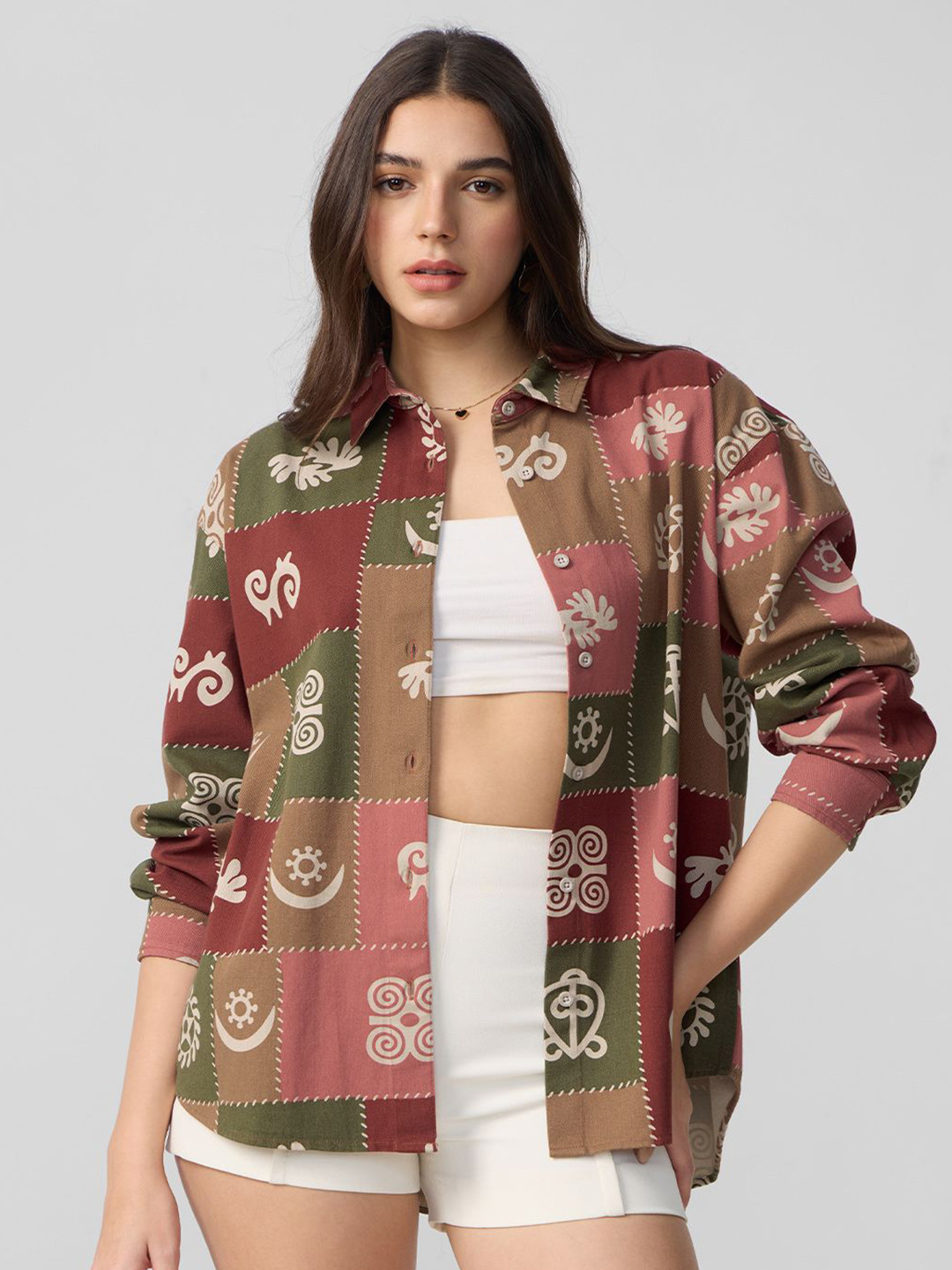 

The Souled Store Women Oversized Fit Spread Collar Floral Printed Cotton Casual Shirt, Green