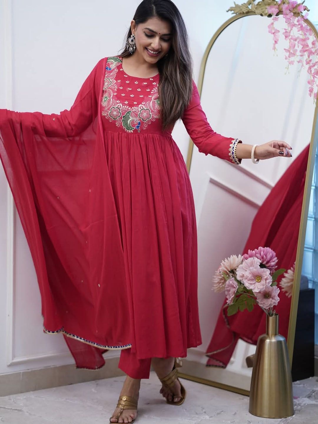 

KALINI Floral Embroidered Sequinned Pleated Anarkali Kurta With Trousers & Dupatta, Maroon