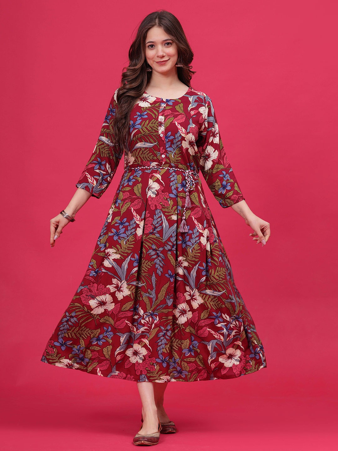 

HEARTLOOM Floral Printed Ethnic Maxi Dress, Maroon