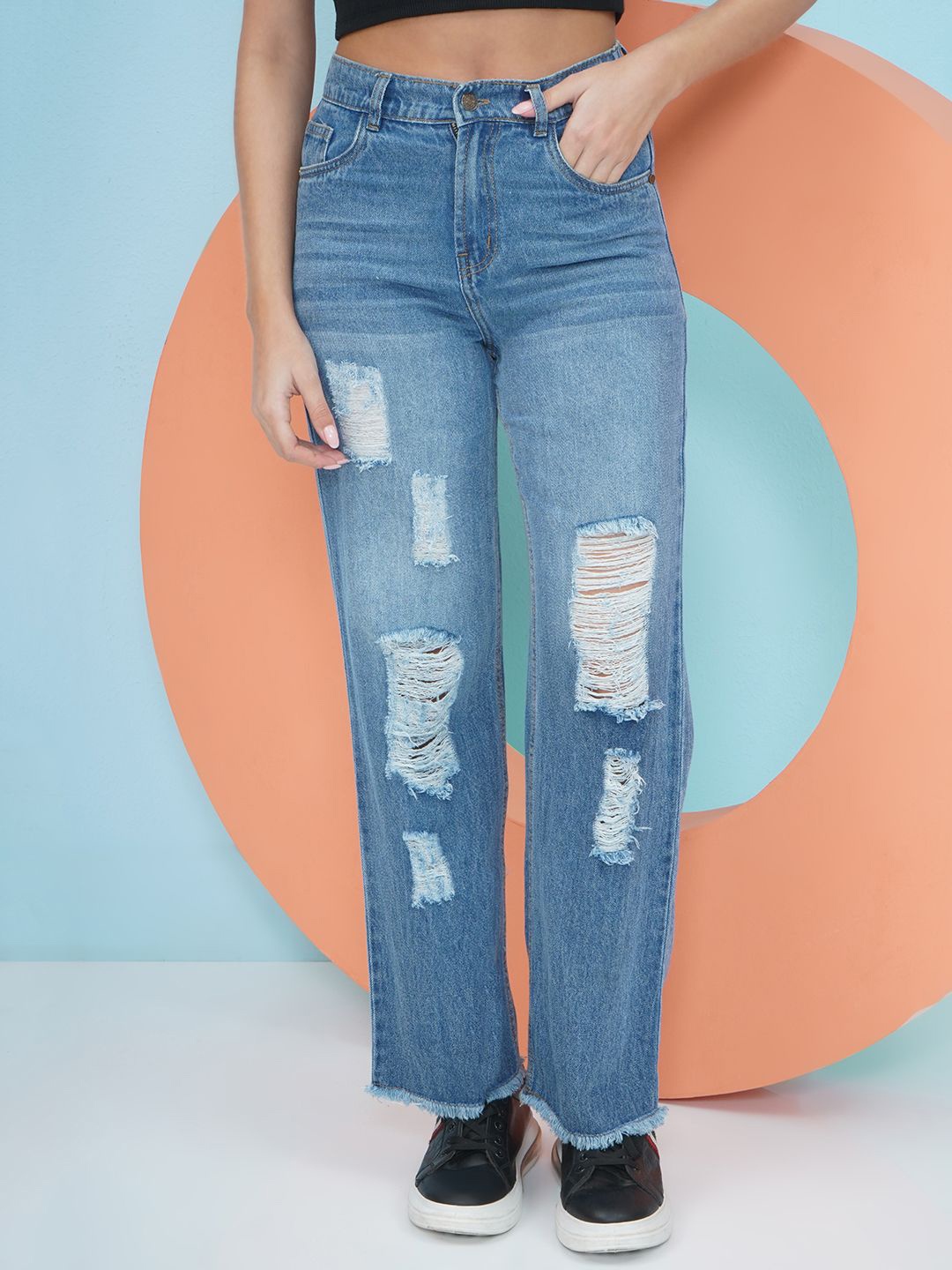 

PUELLA Women Straight Fit High-Rise Highly Distressed Light Fade Cotton Jeans, Blue