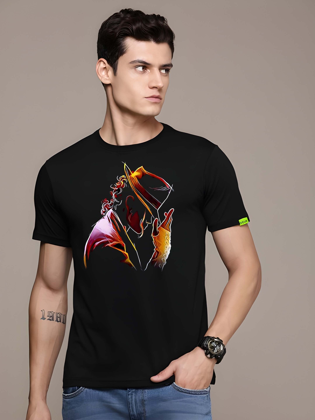 

BOWLIFESTYLE Men Graphic Printed Round Neck Cotton T-shirt, Black