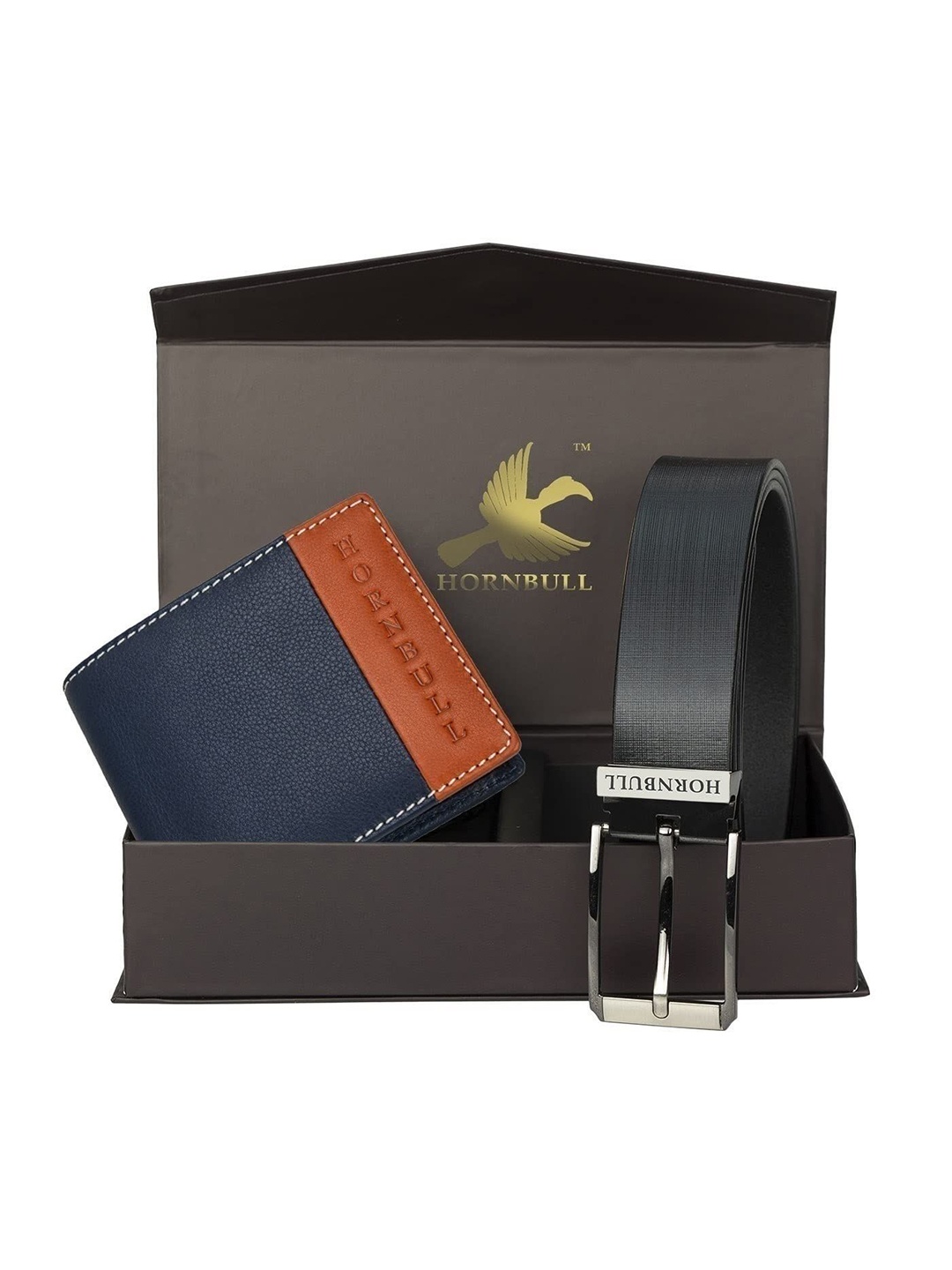 

Hornbull Taylor Leather RFID Safety Navy-Rust Wallet & Black Belt Accessory Gift Set, Blue
