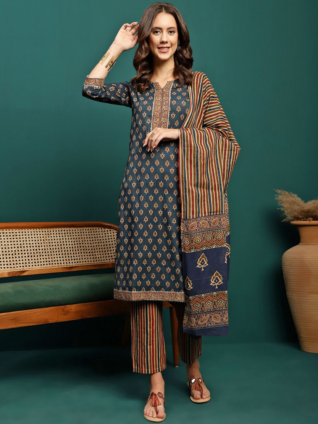 

Sangria Blue Floral Printed Notch Neck Pure Cotton Straight Kurta With Trouser & Dupatta