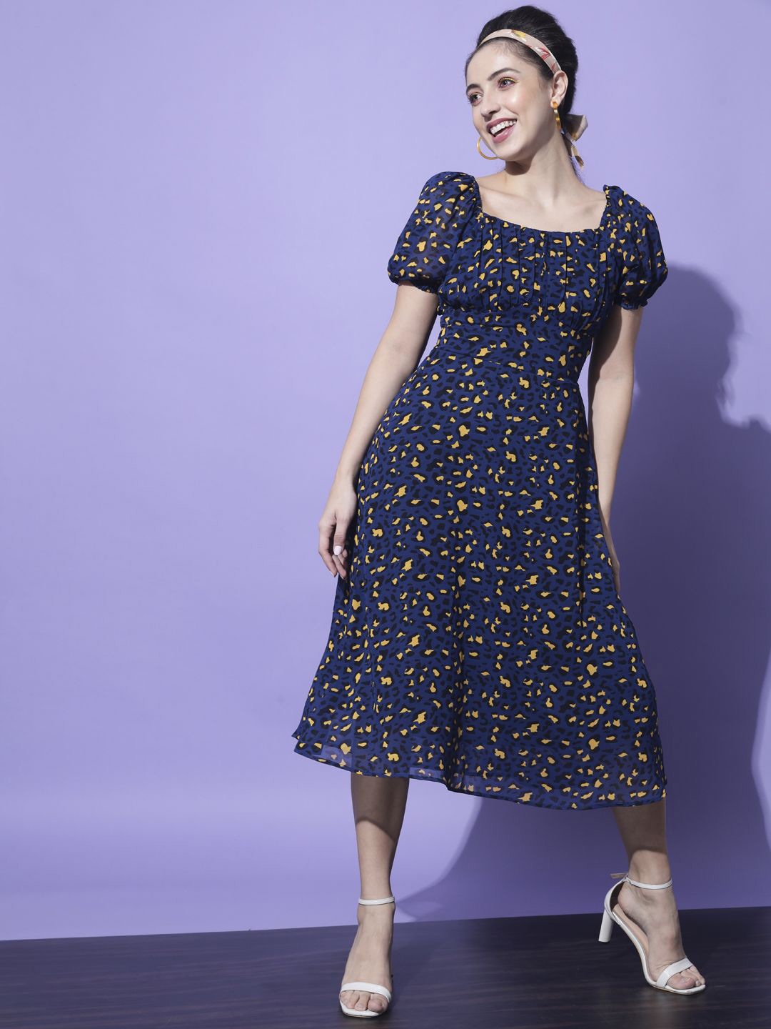 

Moda Rapido Print Puff Sleeve Georgette Fit & Flare Midi Dress, Navy blue