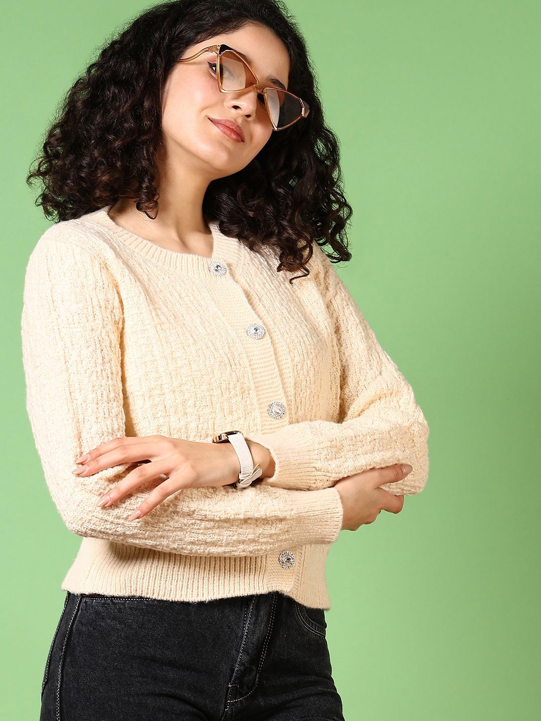 

V-Mart Women Cable Knit Cardigan, Cream