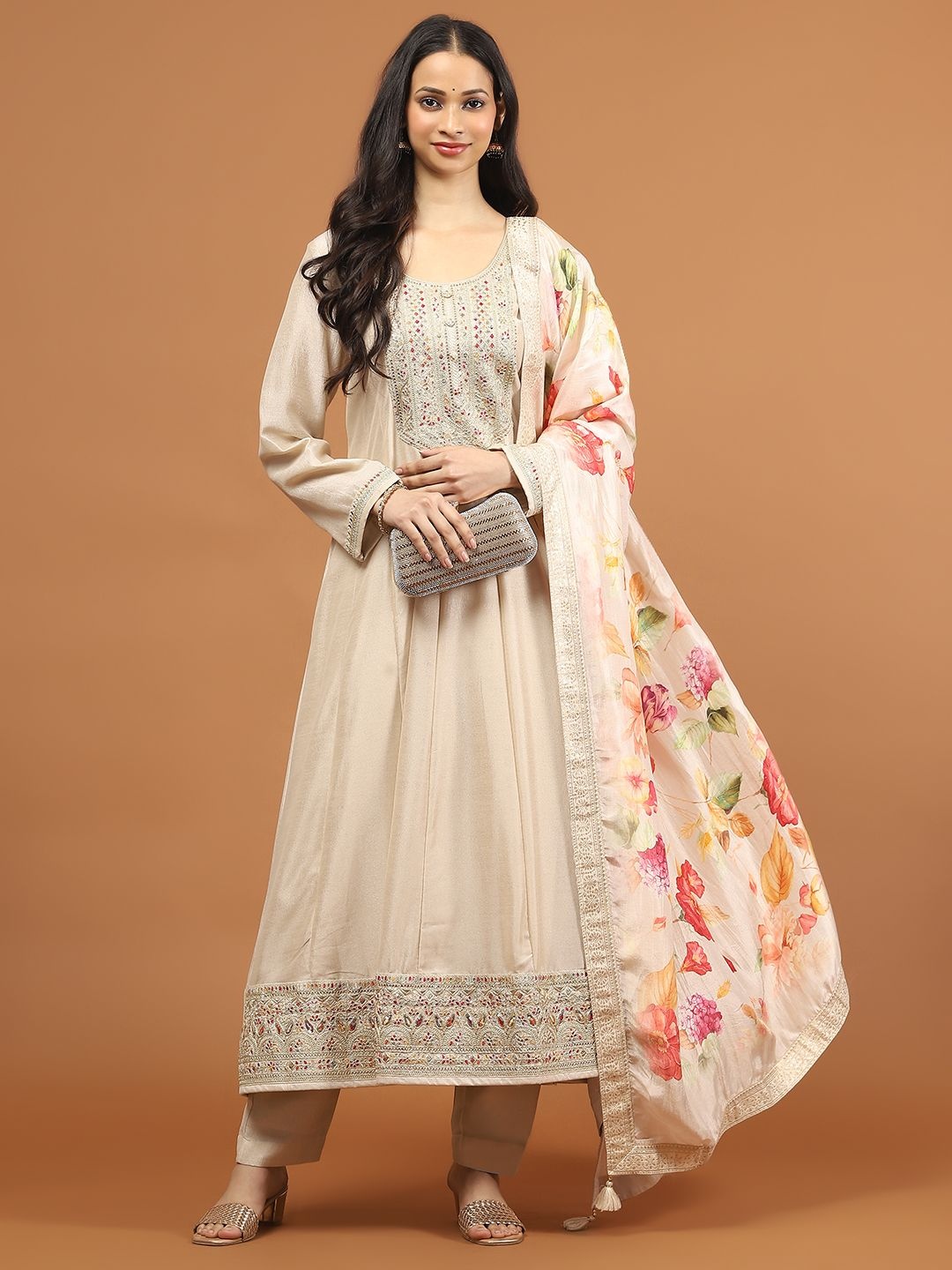 

Meena Bazaar Floral Yoke Design Panelled Zari A-line Kurta With Trouser And Dupatta, Beige