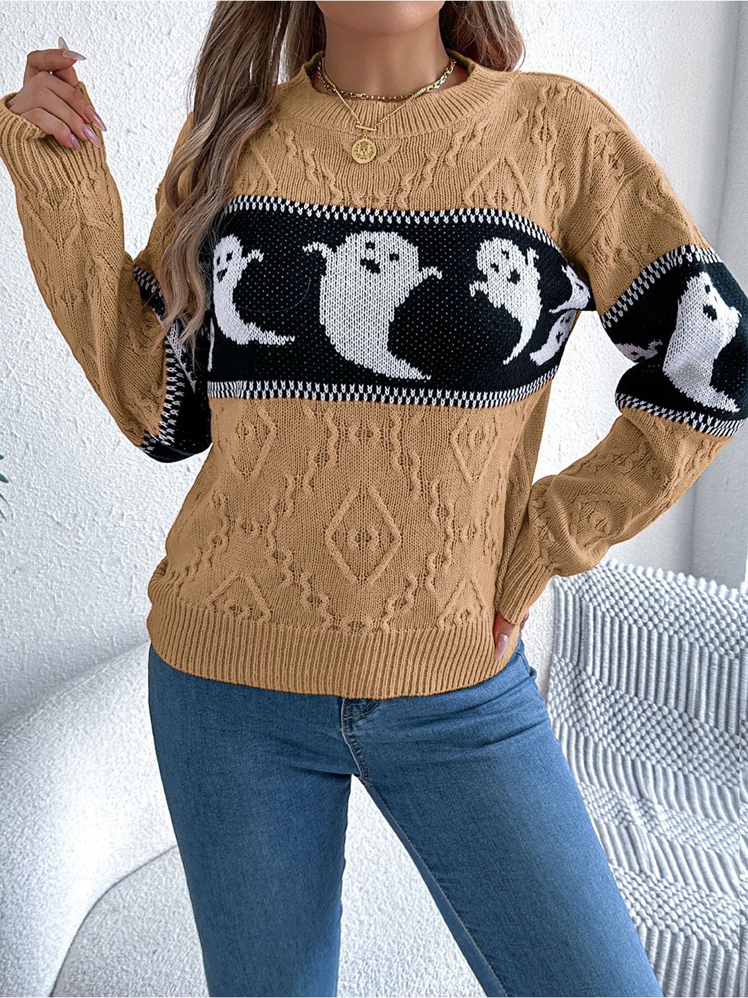 

StyleCast x Revolte Women Cable Knit Self Design Pullover, Khaki