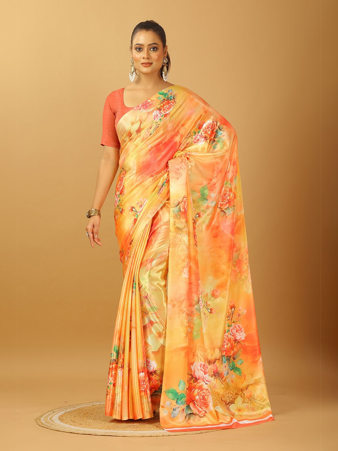

NIRMAL CREATION Floral Printed Pure Crepe Saree, Orange