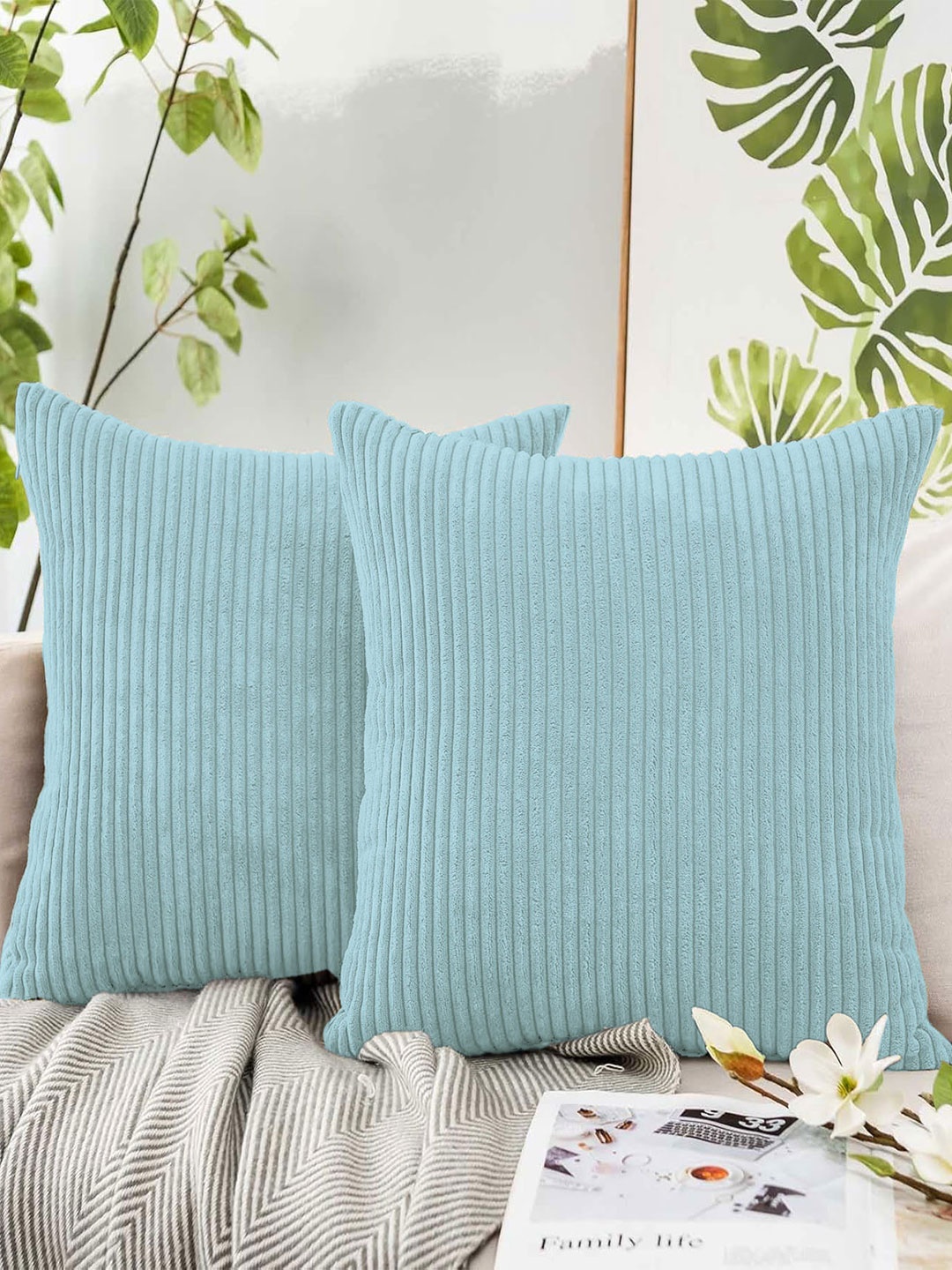 

LUXEHOME INTERNATIONAL Turquoise Blue 2 Pieces Striped Printed Square Cushion Covers