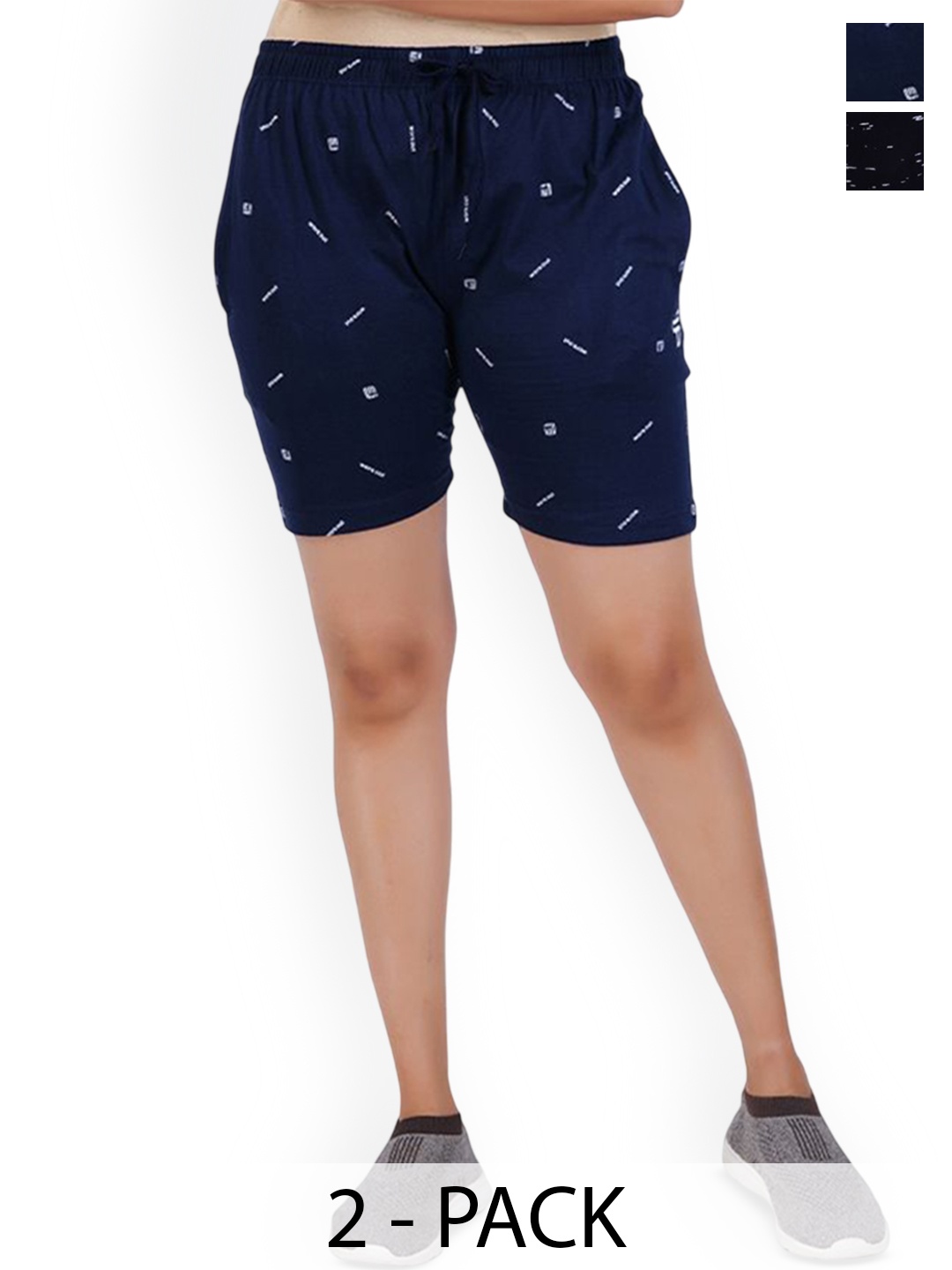 

FEEL TRACK Women Pack Of 2 Printed Regular Fit Mid-Rise Cotton Shorts, Navy blue