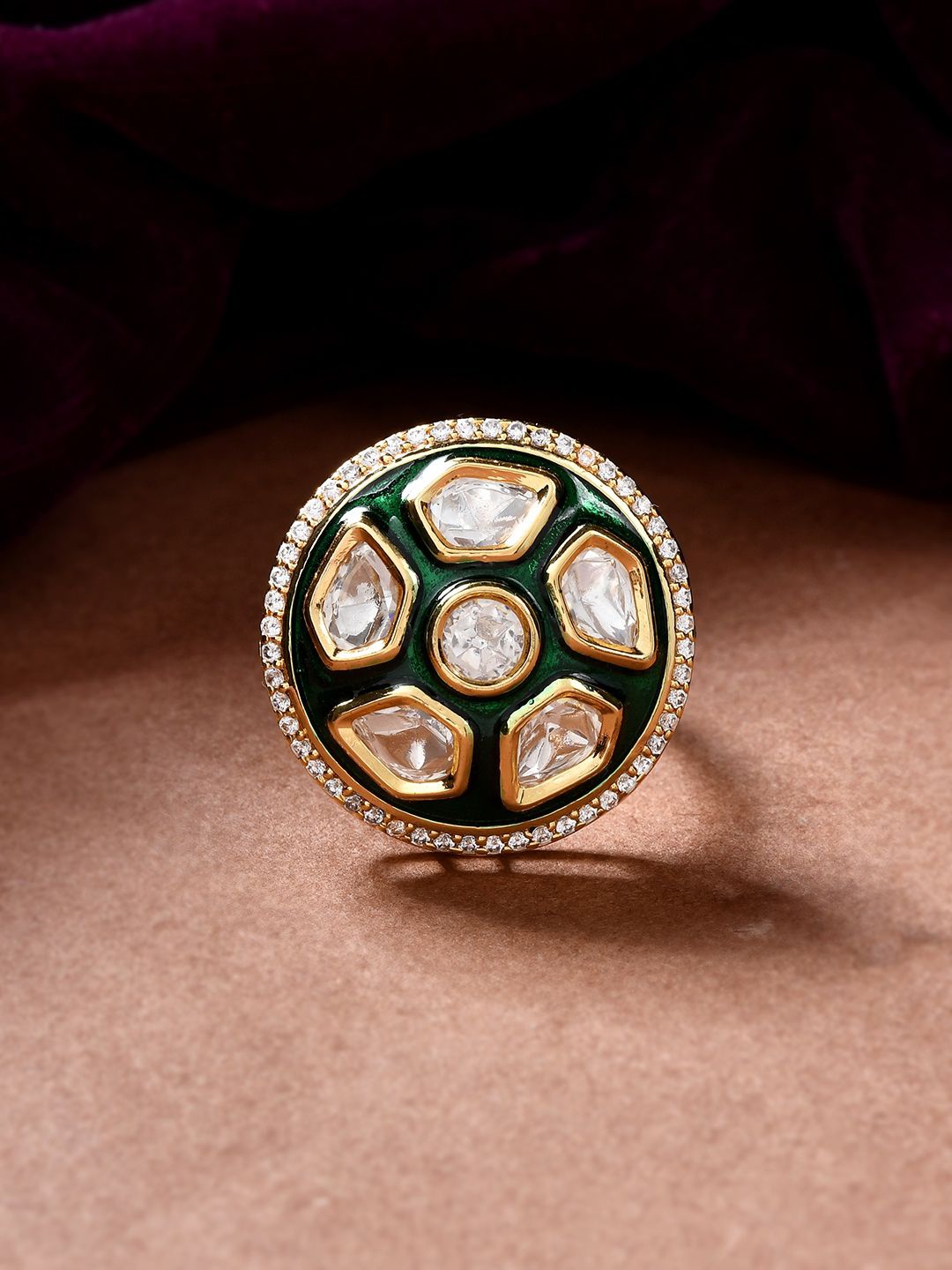 

Voylla Kundan Elegance Queen Tara Green Ring, Gold