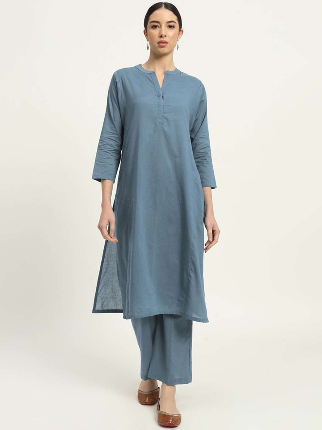

Thevasa Mandarin Collar Pure Cotton Straight Tunic With Trouser, Blue