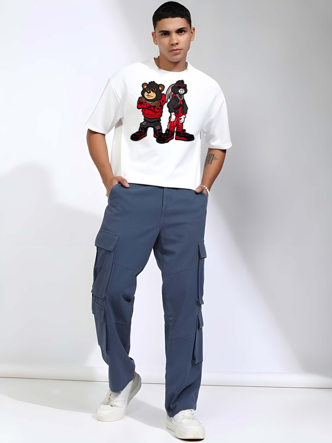 

Krimmple Men Graphic Printed Round Neck Cotton T-shirt, White