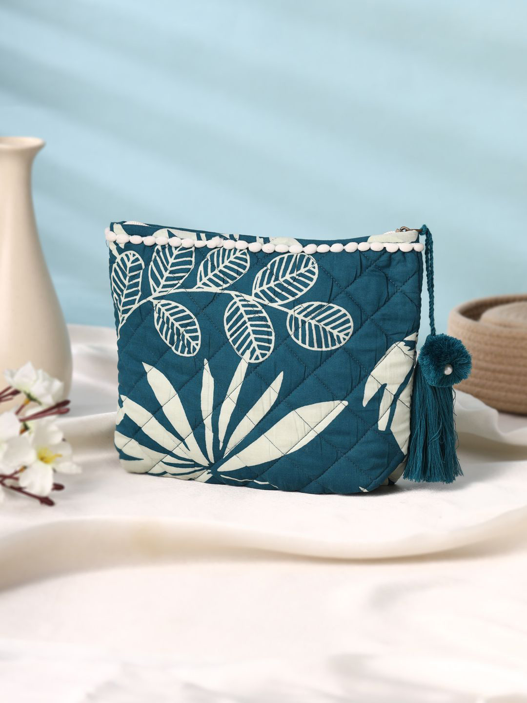 

SANSKRUTIHOMES Women Floral Printed Structured Cotton Handheld Bag, Turquoise blue