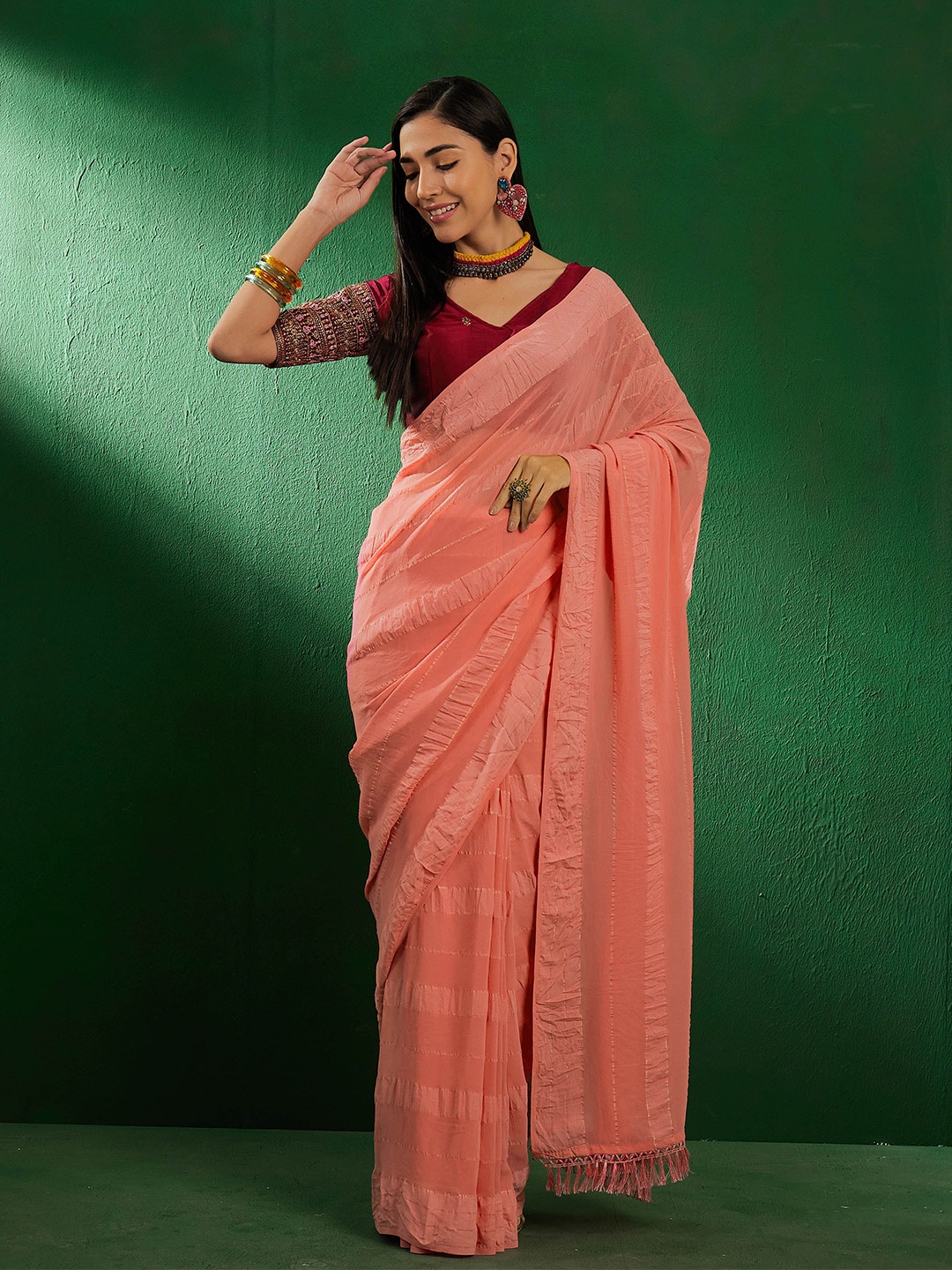 

DEVATITHI Peach Vichitra Silk Saree