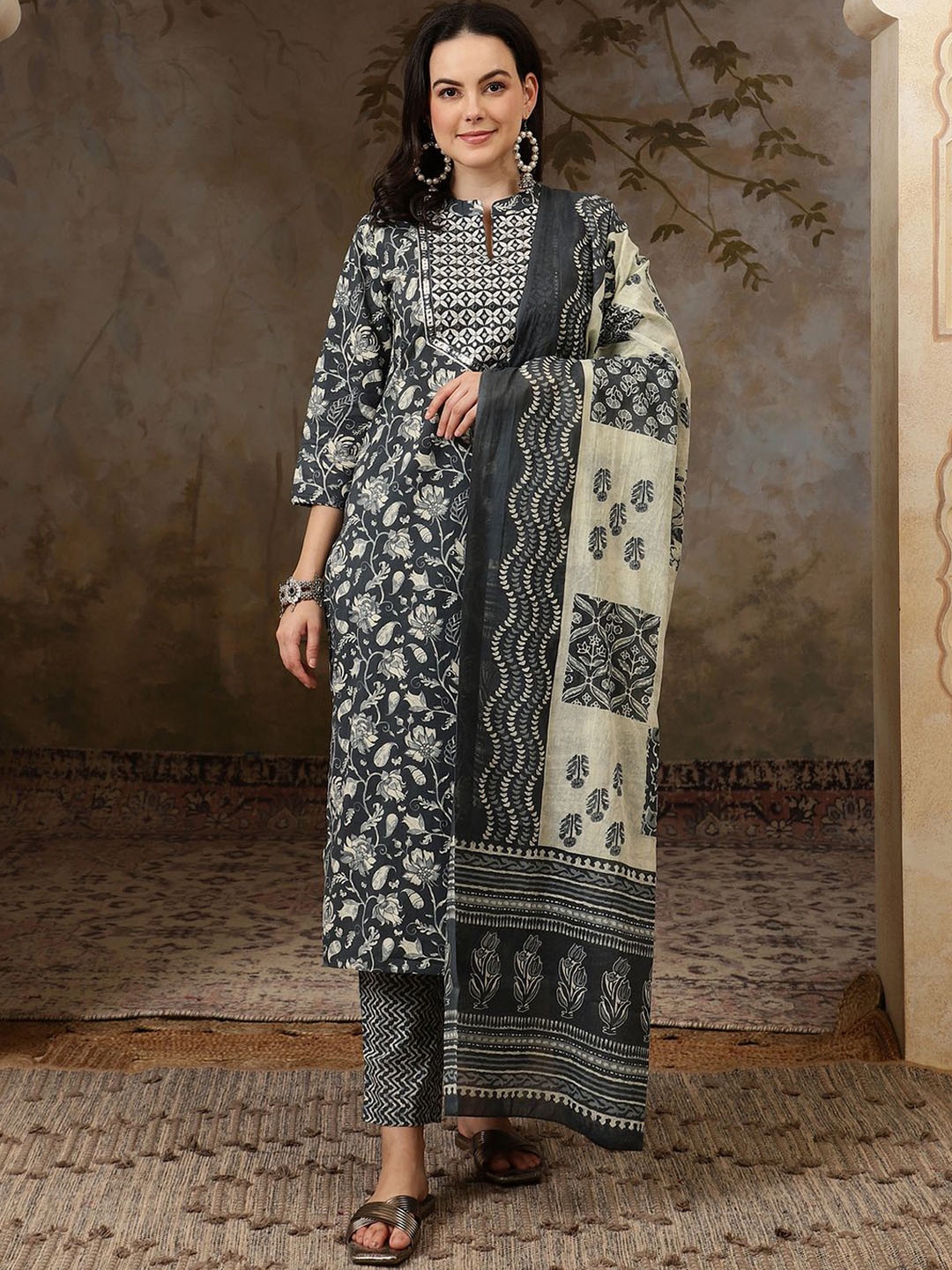 

Sangria Black Floral Printed Mirror Work Pure Cotton Kurta With Trousers And Dupatta